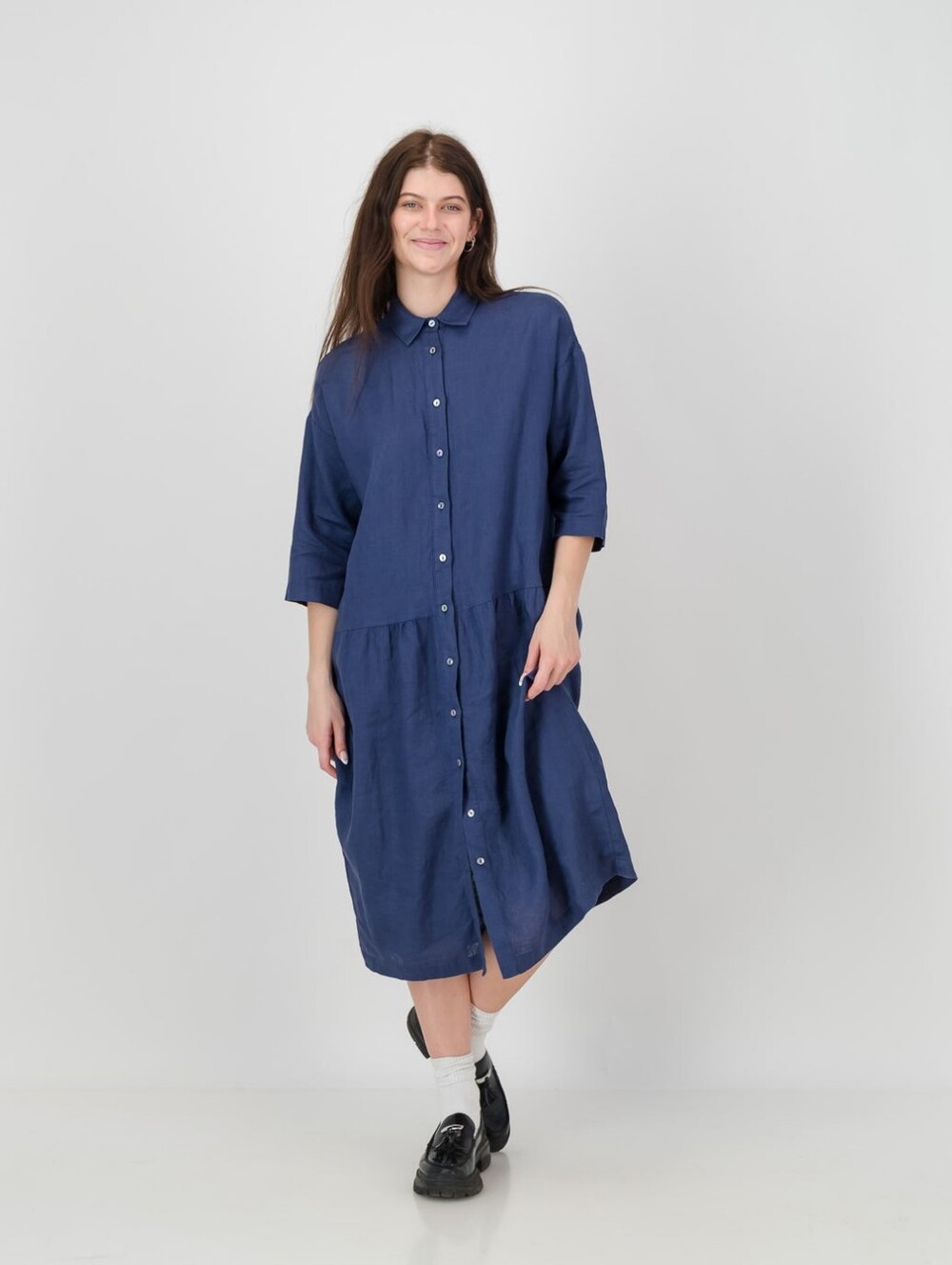ROSSO35 Blue Linen Midi Dress 50 XL